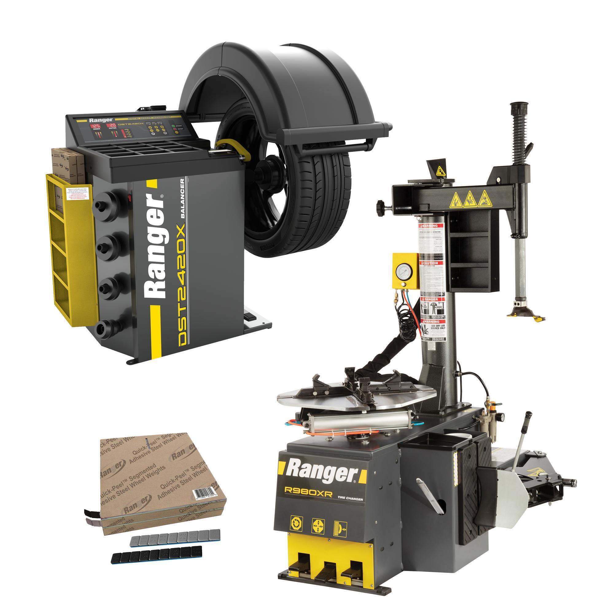 Ranger, R980XR-L +DST2420X-110V +Tape Weight Roll Kit 1400pc, Swing Arm Tire Changer 30" Capacity & Wheel Balancer / 40 mm Shaft